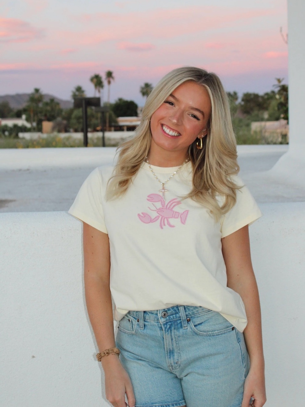 Cream Short Sleeve Tee with Pink Lobster Motif